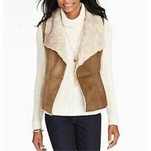 Talbots Faux Shearling Suede‎ Vest SP Tan  Open Front Cozy Western Layer